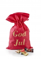 Rød julesæk med julehilsen 1000 g. Toms Mini Favoritter