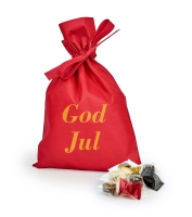 Indpakket Dansk Luksusblanding, 1100 g. R&oslash;d stofpose m/truk God Jul | firmajulegave