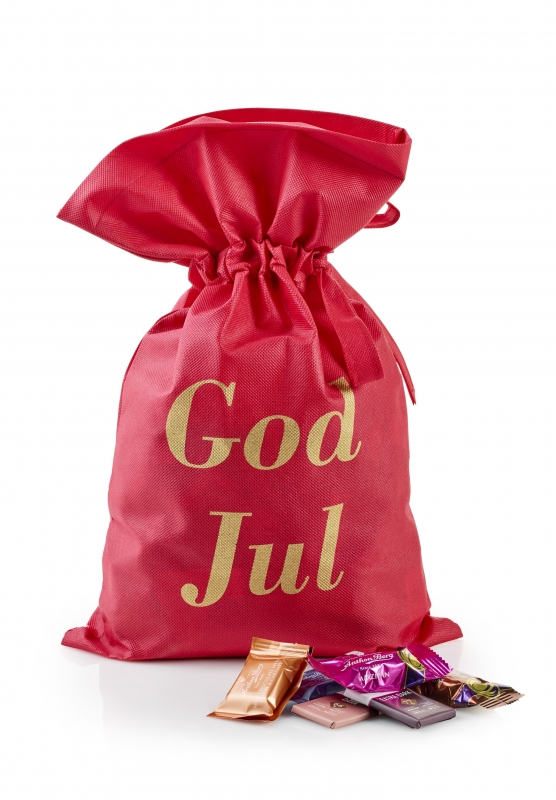 Rød julesæk med julehilsen 1500 g. Anthon Berg Mix