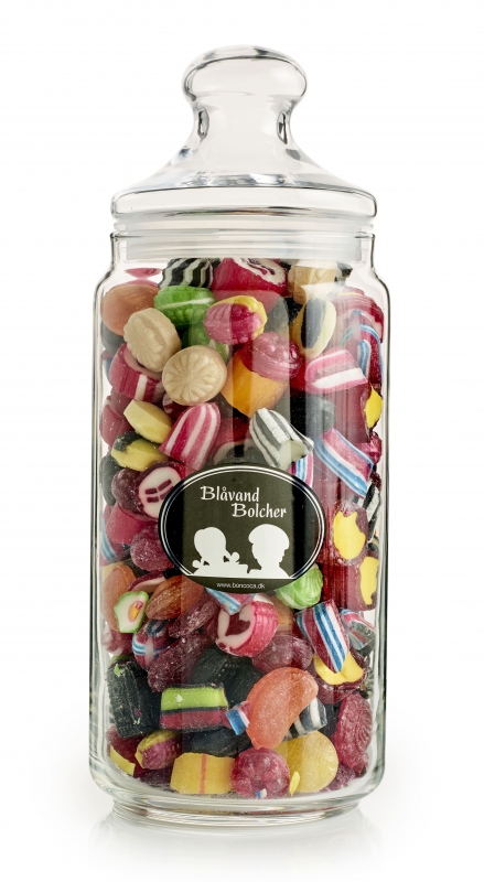 Apotekerglas med låg pakket med 1000 g. Blåvand Bolcher Mix