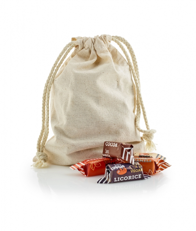 Naturfarvet julesæk med snore 150 g. Økologisk fudge - mix