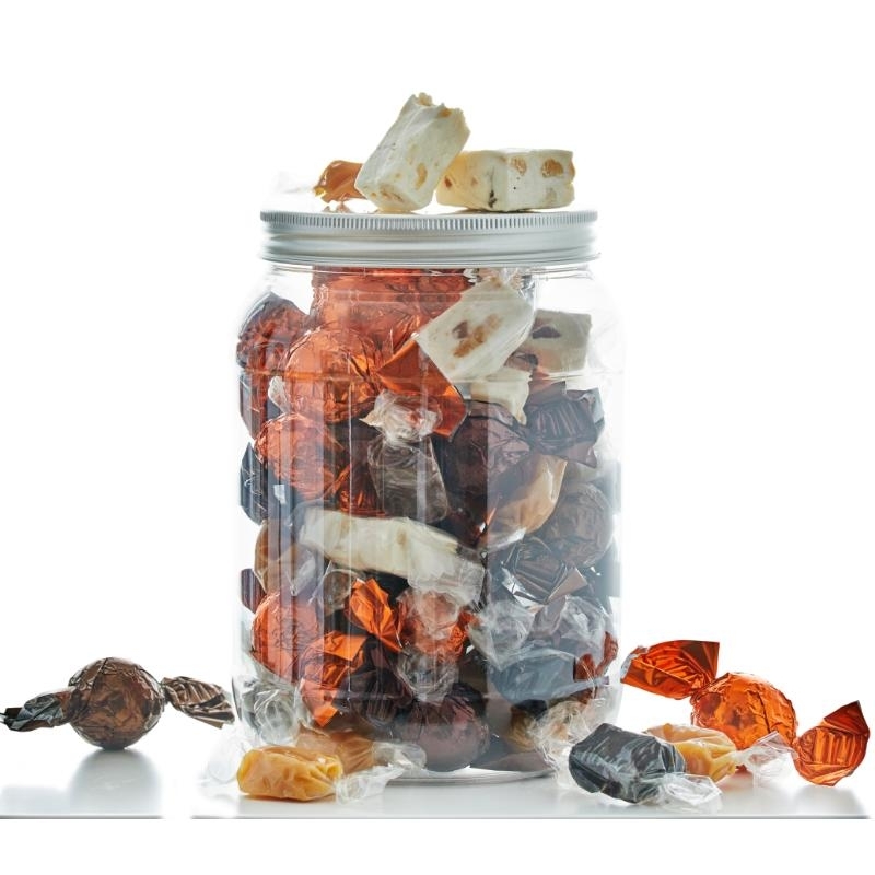 Mix af Cocoture fyldte chokoladekugler, fransk nougat og karamelmix i cylinder|500g