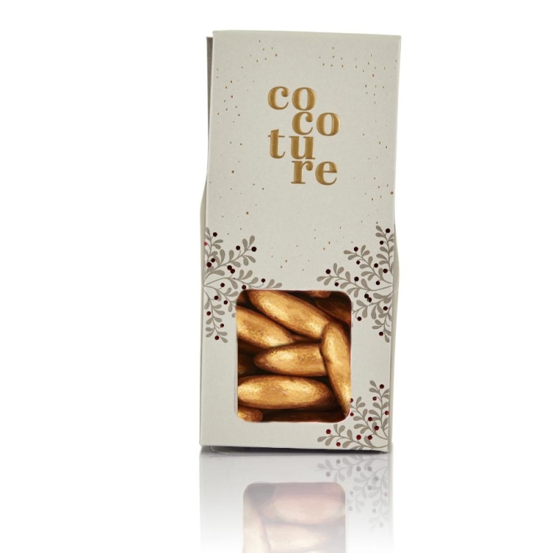 Gr&aring; Cocoture &aelig;ske med guldmandler 90 g