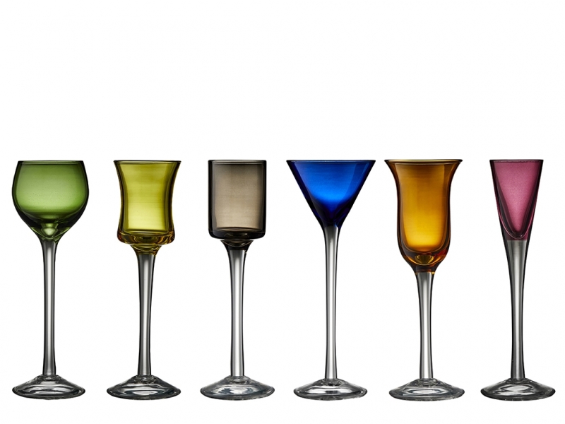 Lyngby Glas 6 stk snapseglas på fod forskellige farver H16cm