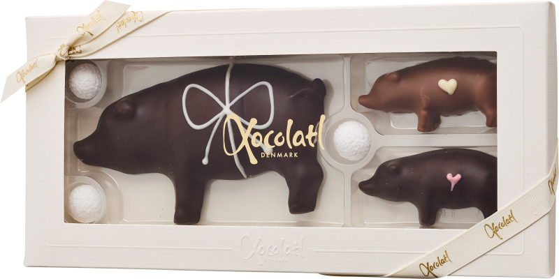 Piggy Family | 150g. Klassisk marcipangris i gaveæske fra Xocolatl