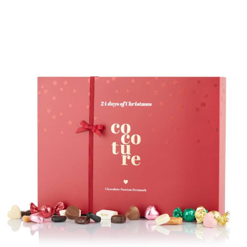 Red Magic kalender, mix af dansk produceret fyldte chokolader og og dansk produceret marcipan og lakrids med chokolade | 460g