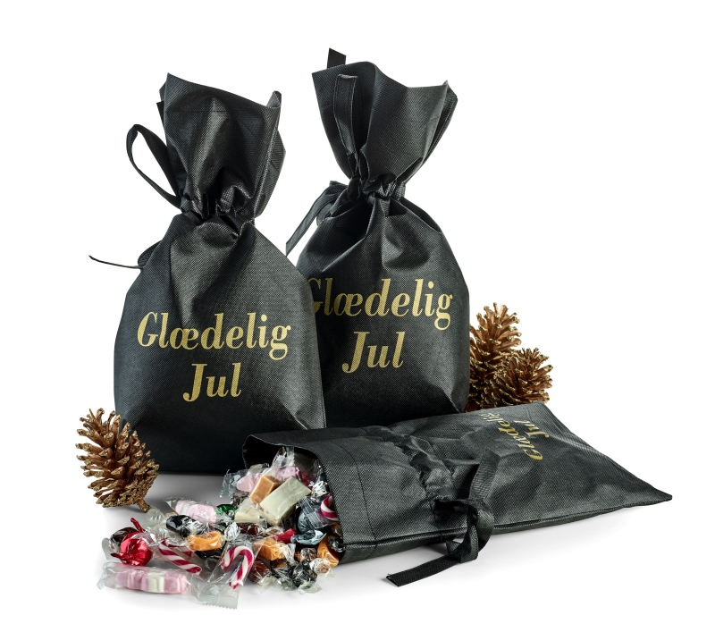 Julemix 1750 g. Sort stofpose m/tryk Gl&aelig;delig Jul | firmajulegave