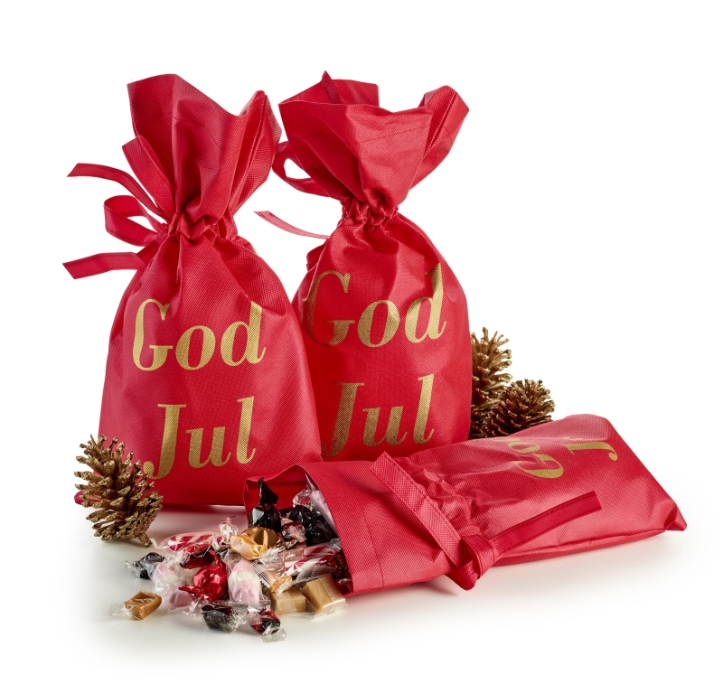 Julemix 1750 g. R&oslash;d stofpose m/truk God Jul | firmajulegave