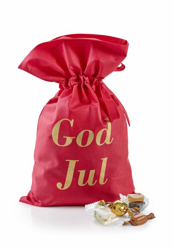 Rød julesæk med julehilsen 1750 g. Julemix